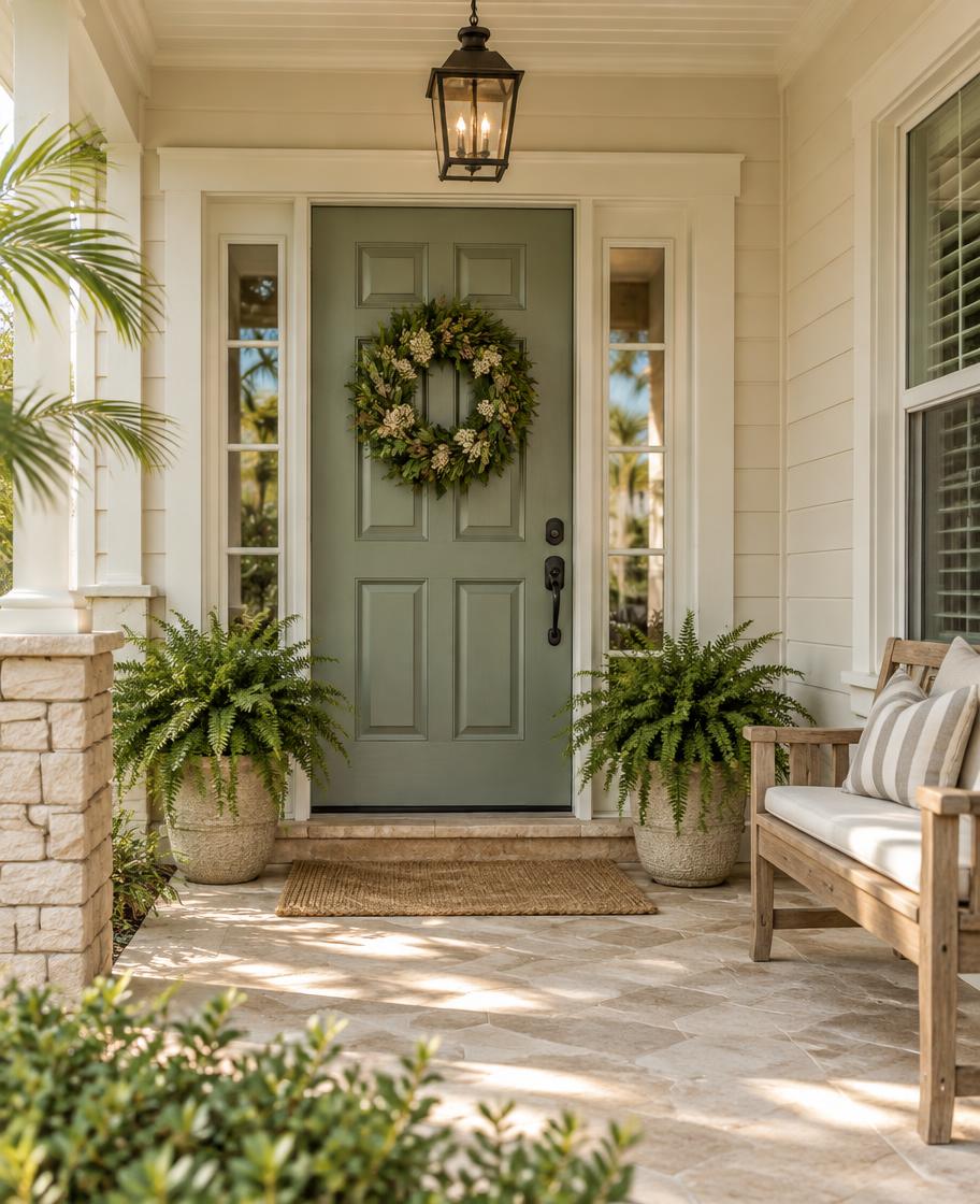 A welcoming front entryway of a Florida home with a sage green door and potted ferns