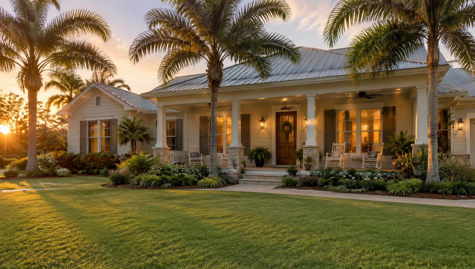 A beautiful, welcoming Florida home with a clean lawn and inviting front porch at golden hour