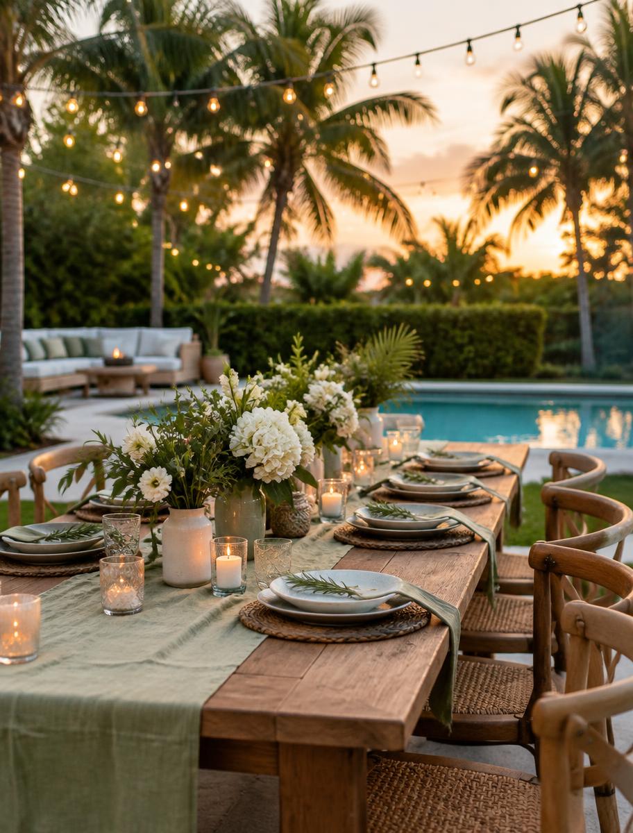 A beautifully set outdoor table in a Florida backyard at golden hour, ready for guests